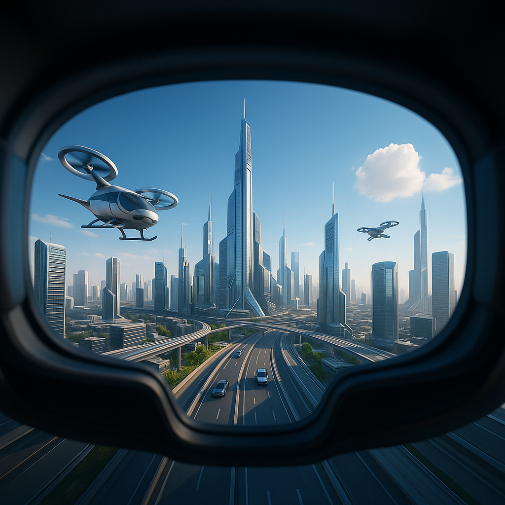 미래 도심속을 친환경 전기 항공기 모델이 날아다니는 화면을, VR장면을 통해 바라보는 화면을 묘사한 이미지