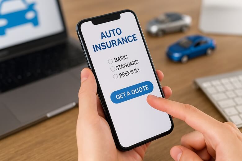 다이렉트 자동차 보험 가입을 위해 스마트폰으로 보험료를 비교하고 있는 손