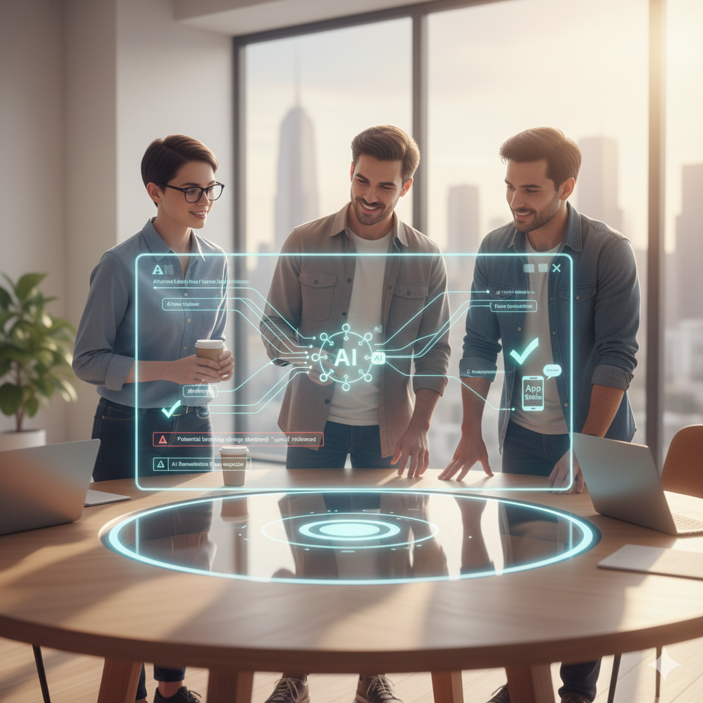 현대적인 사무실 회의실에서 세 명의 젊은 직장인(여성과 두 남성)이 테이블 위에 떠 있는 투명한 홀로그램 디스플레이를 보며 웃고 있다. 홀로그램에는 AI 네트워크 다이어그램, 체크 표시, 경고 아이콘, 'App Stable' 등의 텍스트가 표시되어 있으며, 배경에 도시 스카이라인과 따뜻한 석양이 보인다. 테이블에 노트북과 커피가 놓여 있는 협업적인 분위기의 장면.
