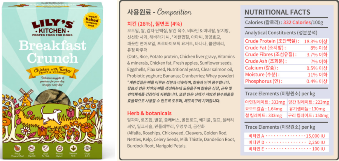 릴리스키친 브랙퍼스트 크런치 사료 성분