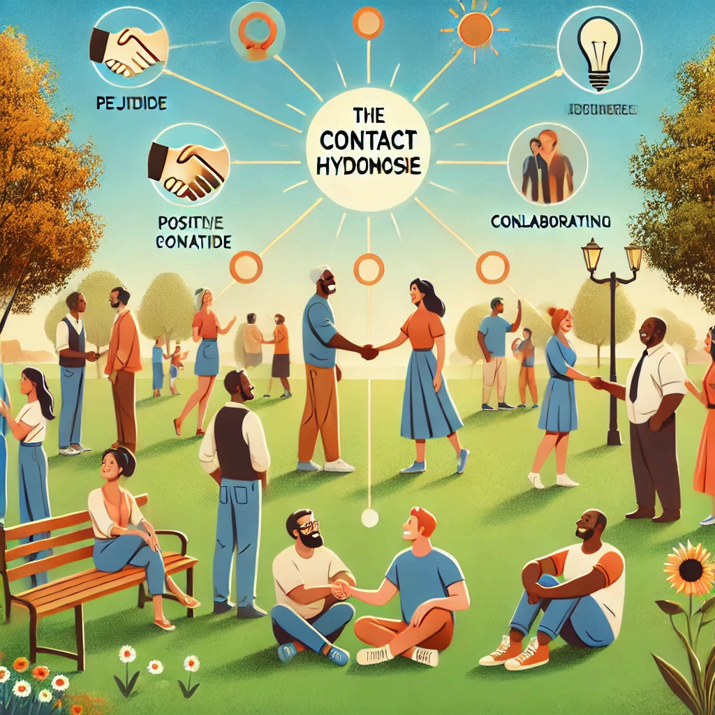 다양한 사람들이 평화롭게 교류하는 장면으로 접촉가설을 상징합니다.