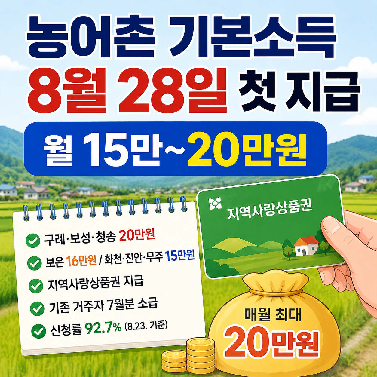 2026 농어촌 기본소득 추가 선정 7개 군 8월 28일 첫 지급 월 15만원에서 20만원 안내