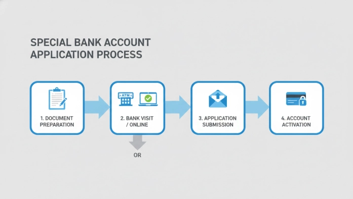 압류방지 생계비 계좌 신청 과정을 보여주는 단계별 플로우차트: 서류 준비, 은행 방문 또는 온라인 신청, 계좌 활성화 아이콘 포함