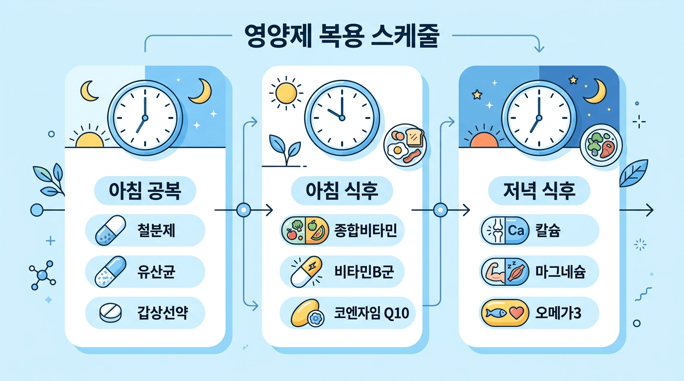 복용 시간대별 영양제 배치 스케줄 일러스트