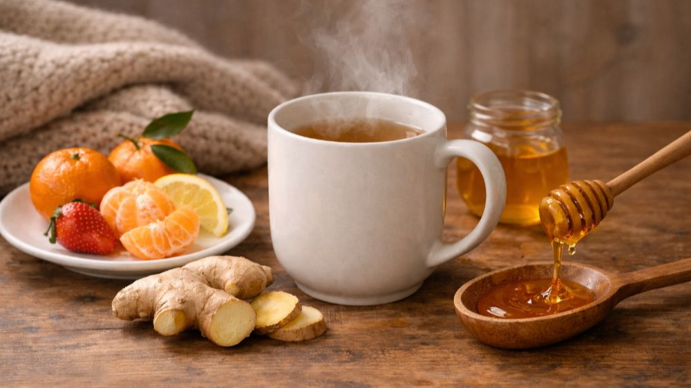 따뜻한 겨울 감기 예방을 위한 차 한 잔과 귤, 생강, 꿀이 나무 테이블 위에 놓인 장면. 김이 나는 머그컵과 자연 재료가 어우러진 면역력 강화 라이프스타일 이미지.