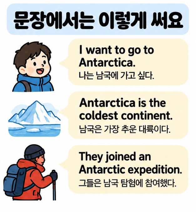 남극 대륙, 남극 기후, 남극 탐험 표현을 한눈에 보여주는 체크 그림