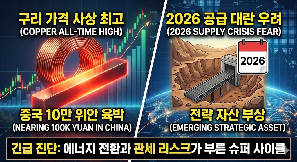 중국 상하이 구리 가격의 10만 위안 돌파와 2026년 글로벌 수급 불균형 리스크를 시각적으로 강조한 정보성 썸네일 이미지
