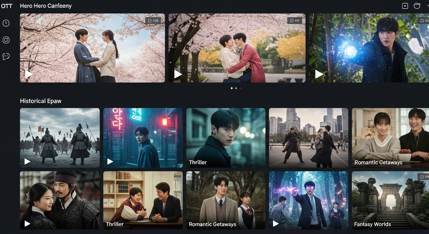 로맨스, 사극, 스릴러 등 다양한 장르의 K-드라마 장면들이 OTT 플랫폼 인터페이스 안에 역동적으로 배열된 모습. K-드라마 스토리텔링의 다양성과 높은 제작 완성도를 보여줍니다.