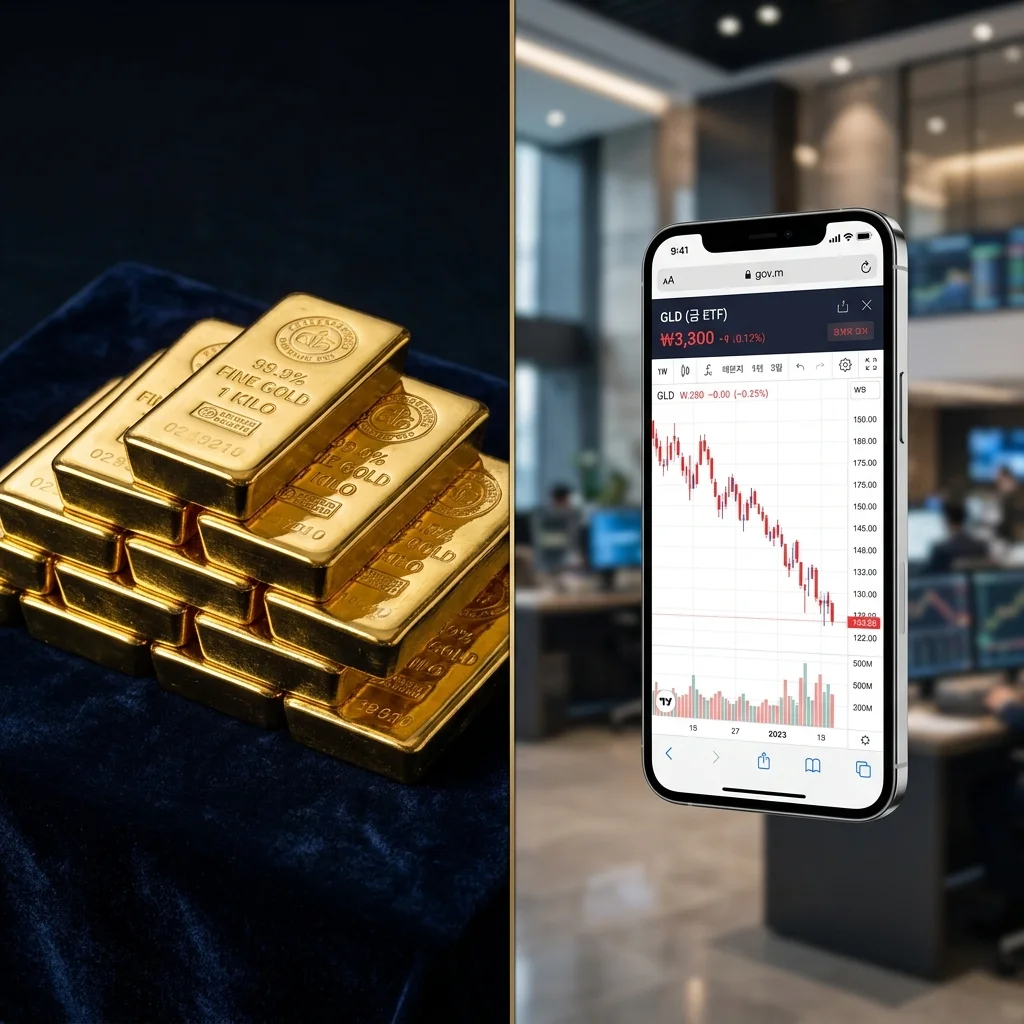금괴와 스마트폰 속 금 ETF 차트가 나란히 놓여 있는 모습으로 실물 금과 디지털 금 투자의 비교를 상징하는 이미지