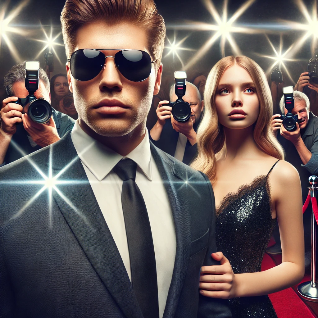 남자 경호원이 여성 연예인을 수 많은 카메라 맨들 사이를 뚫고 지나가는 장면