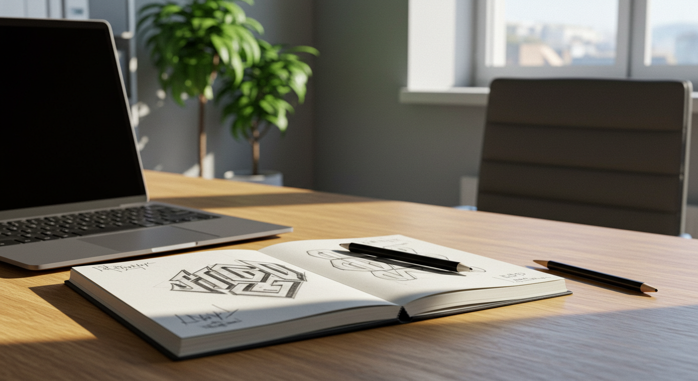 책상 위 브랜드 로고를 스케치 한 책이 놓여있습니다.