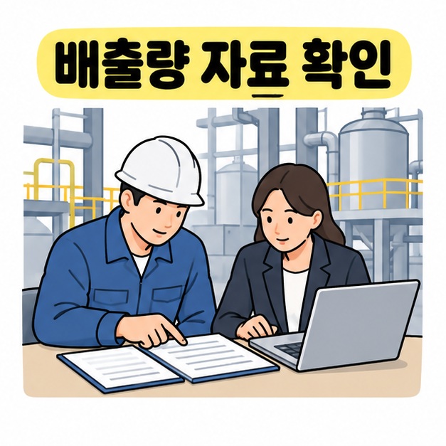 배출량 자료 확인이라는 문구 아래 공장 담당자와 무역 담당자가 탁자 위 기록과 노트북을 함께 살펴보는 그림