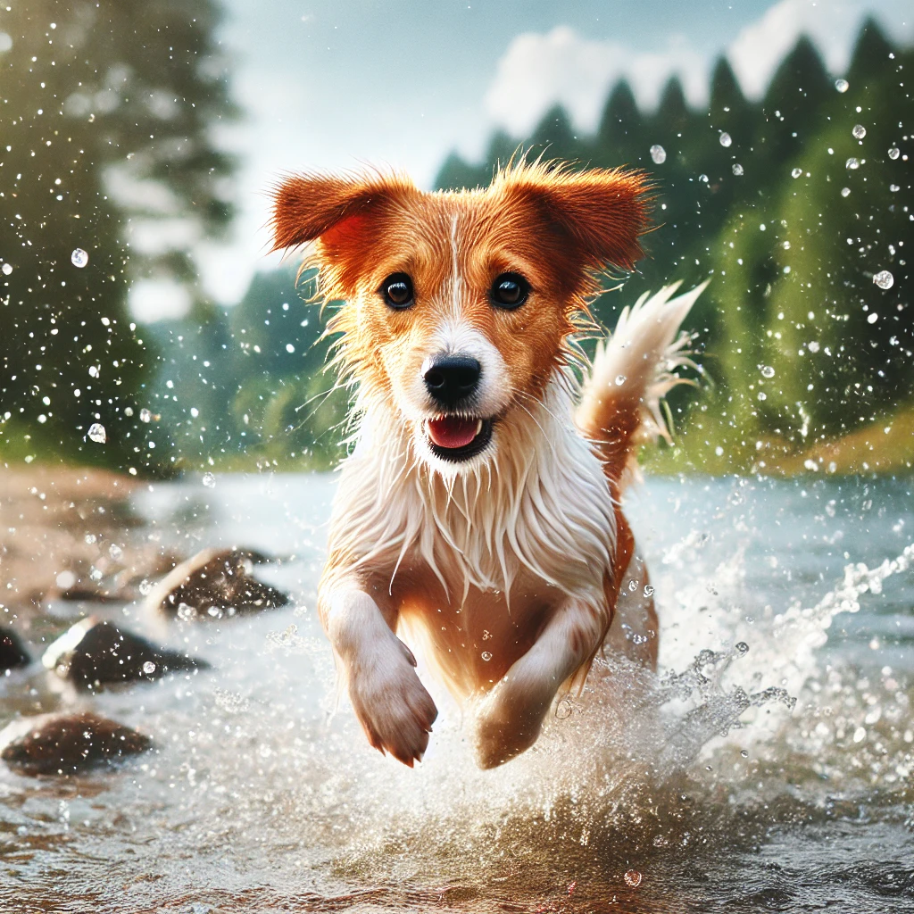 물가에서 뛰노는 강아지