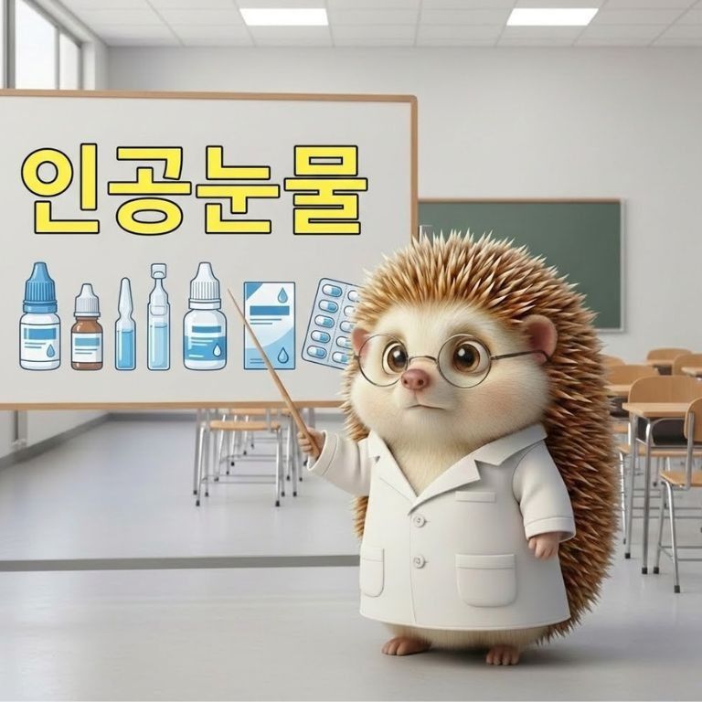 인공눈물의 종류에 대해 설명하고 있는 흰가운을 입고 있는 도치씨