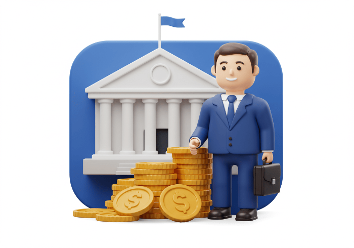 정부 지원금을 받으며 새로운 경력을 준비하는 중장년 남성의 모습을 보여주는 3D 아이콘