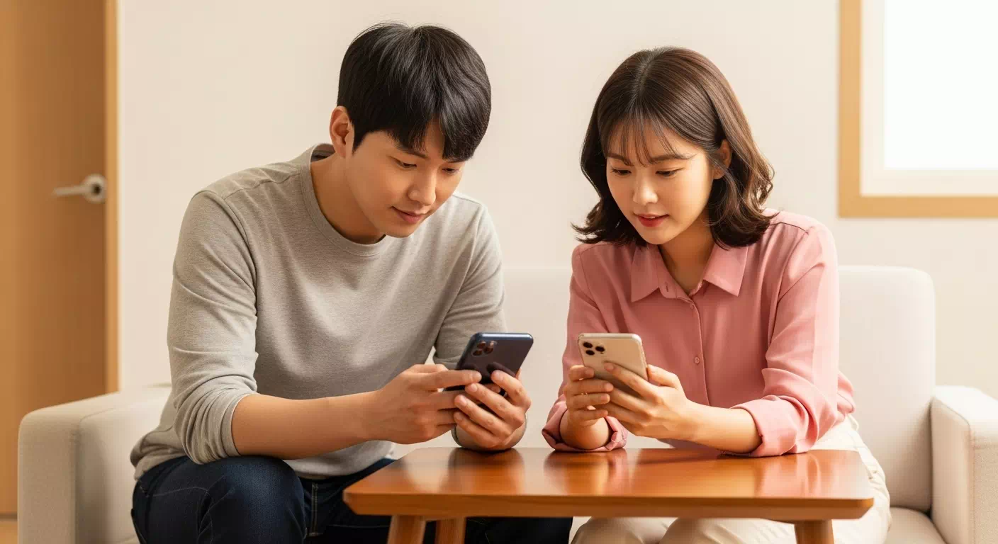 젊은 한국인 커플이 테이블에 앉아 소비쿠폰 알림 서비스를 함께 신청 중인 모습. 편안한 분위기