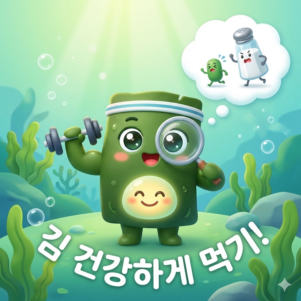 웃으며 팔운동을 하고 눈을 보호하는 김 캐릭터와 건강하게 김을 즐기는 방법을 나타내는 3D 카툰 일러스트.