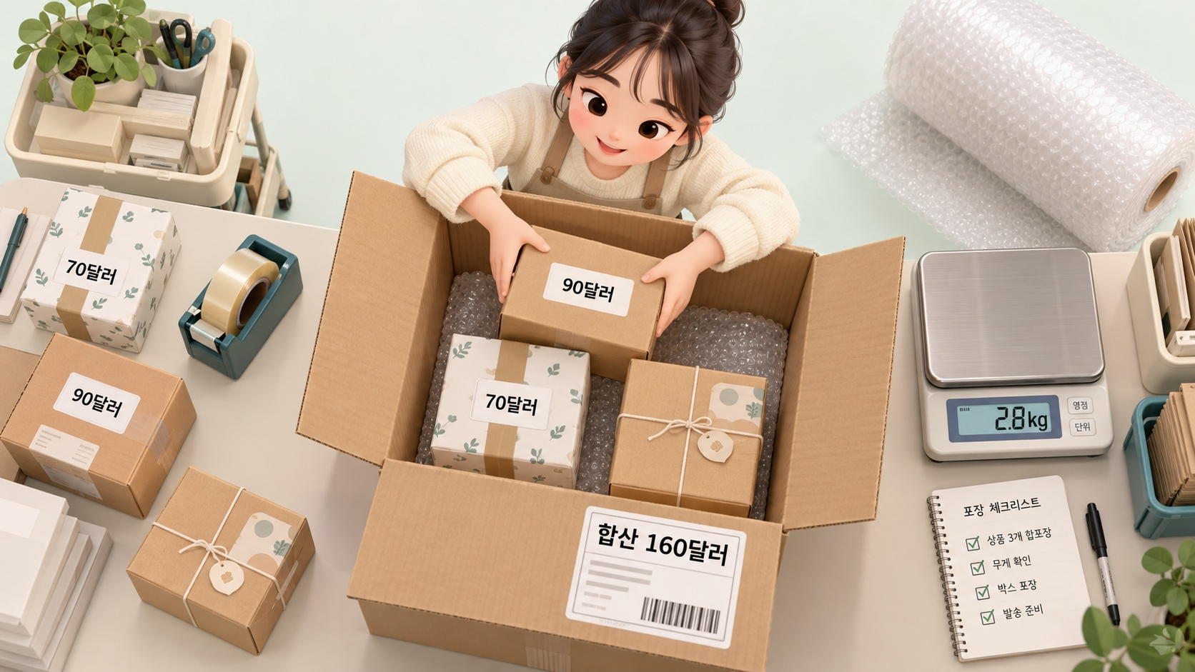 배송대행지에서 한 상자로 묶이는 여러 개의 직구 택배