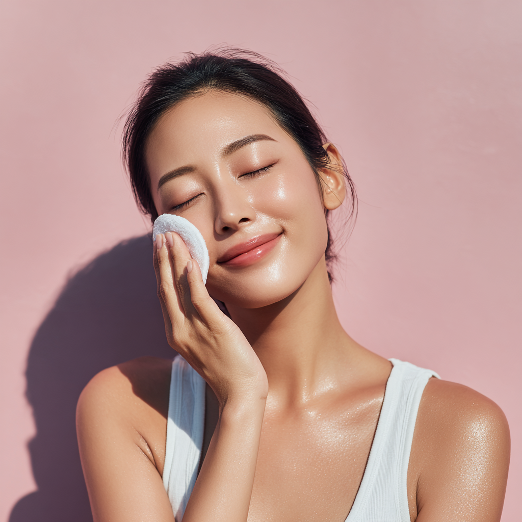 쿨링 스킨을 화장솜에 묻혀 피부에 바르는 여성