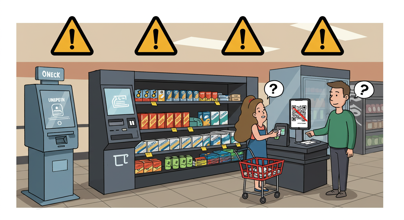 편의점에서 쿠폰 사용할 때 발생할 수 있는 문제 상황을 보여주는 이미지
