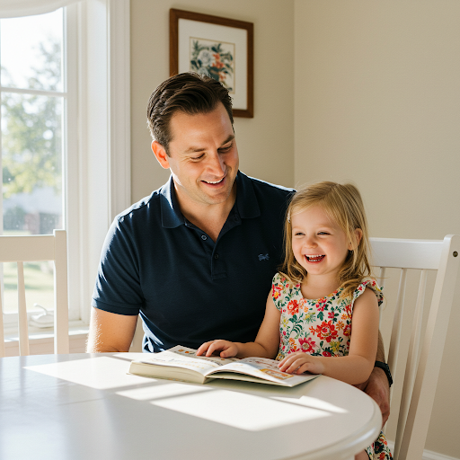 거실에서 아버지와 같이 있어요