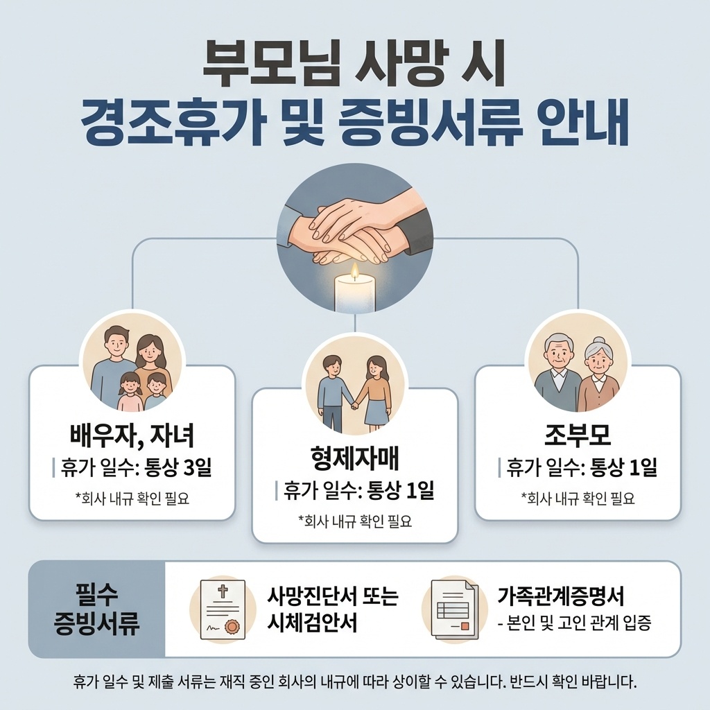 부모님 사망 시 경조휴가와 제출 서류를 인포그래픽으로 정리한 이미지