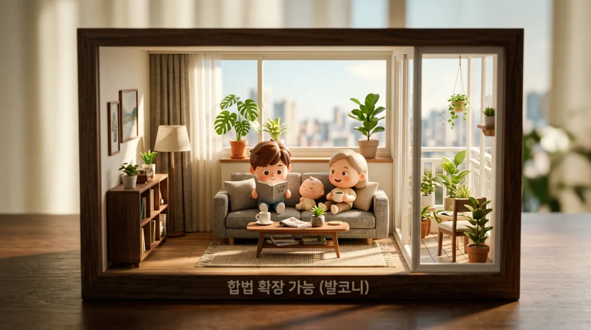 거실을 넓게 쓸 수 있도록 합법적으로 확장된 아파트 발코니 인테리어를 표현한 미니어처 디오라마