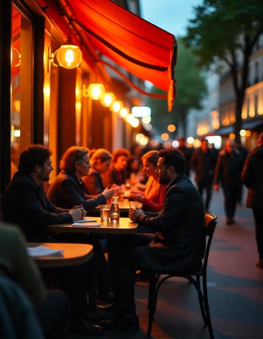 심야 철학 카페에서 토론 중인 현지인들 관련 이미지