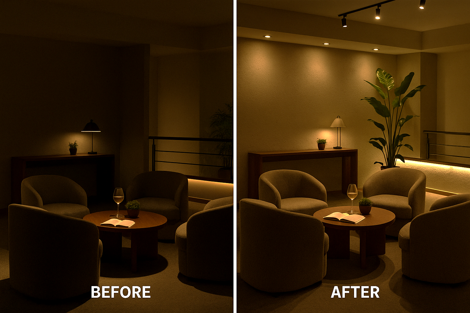 좌측: 차가운 단일 조명으로 평면적인 베란다, 우측: 2700K 트랙&middot;간접&middot;포인트 3레이어로 깊이감과 하이라이트가 살아난 동일 공간 비교,