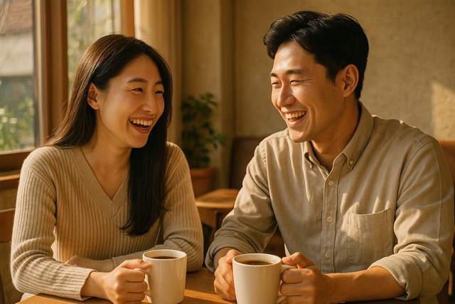 카페에서 웃으며 대화하는 남녀사진