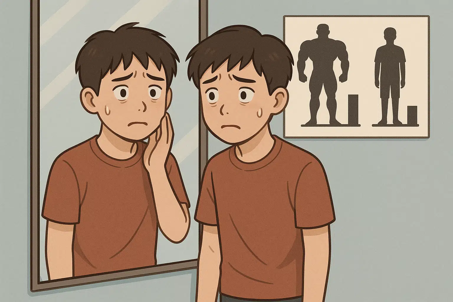 청소년이 거울 앞에서 불안한 표정으로 서 있는 그림, 과장된 미디어 이미지(과대 표준과 실제 평균 비교)