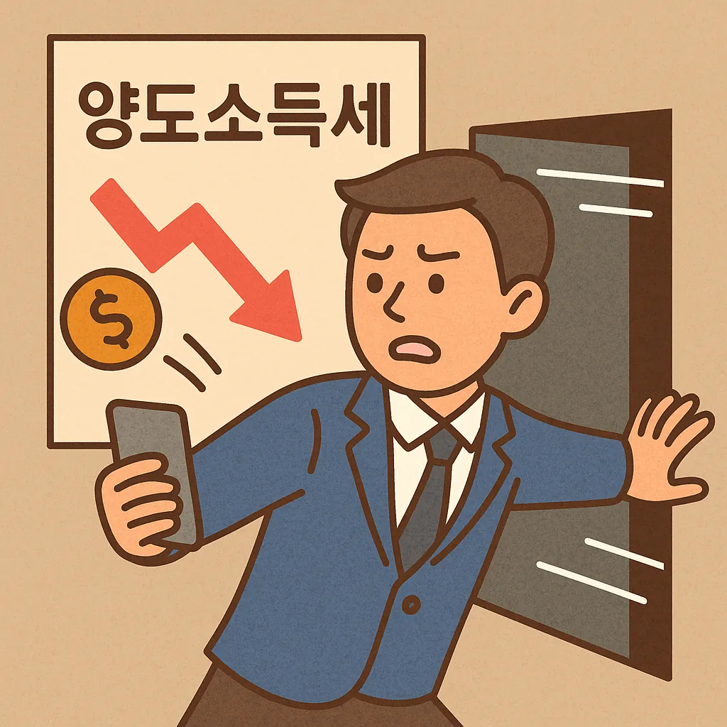 주식-양도소득세를-피하려-하는-상황을-묘사한-일러스트로-스마트폰을-든-남성이-세금-화살표를-보고-도망치는-모습을-강조함