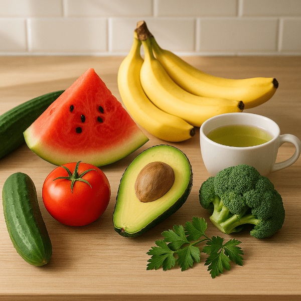 부종 빼기 좋은 식품들을 모아놓은 테이블, 수박, 바나나, 토마토, 오이, 브로콜리, 아보카도, 녹차