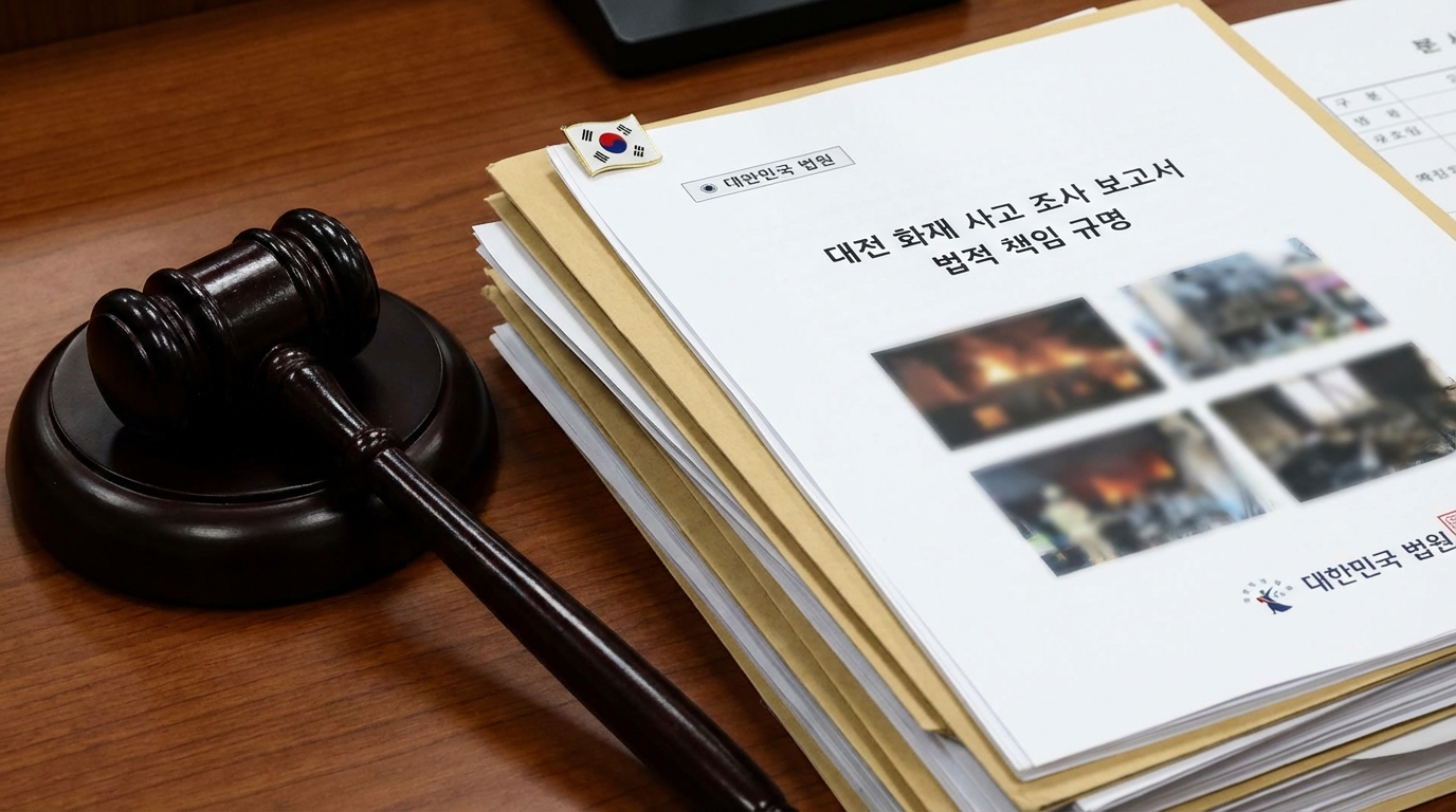 대전 화재 사고 원인 규명 및 법적 책임을 상징하는 판사봉과 서류