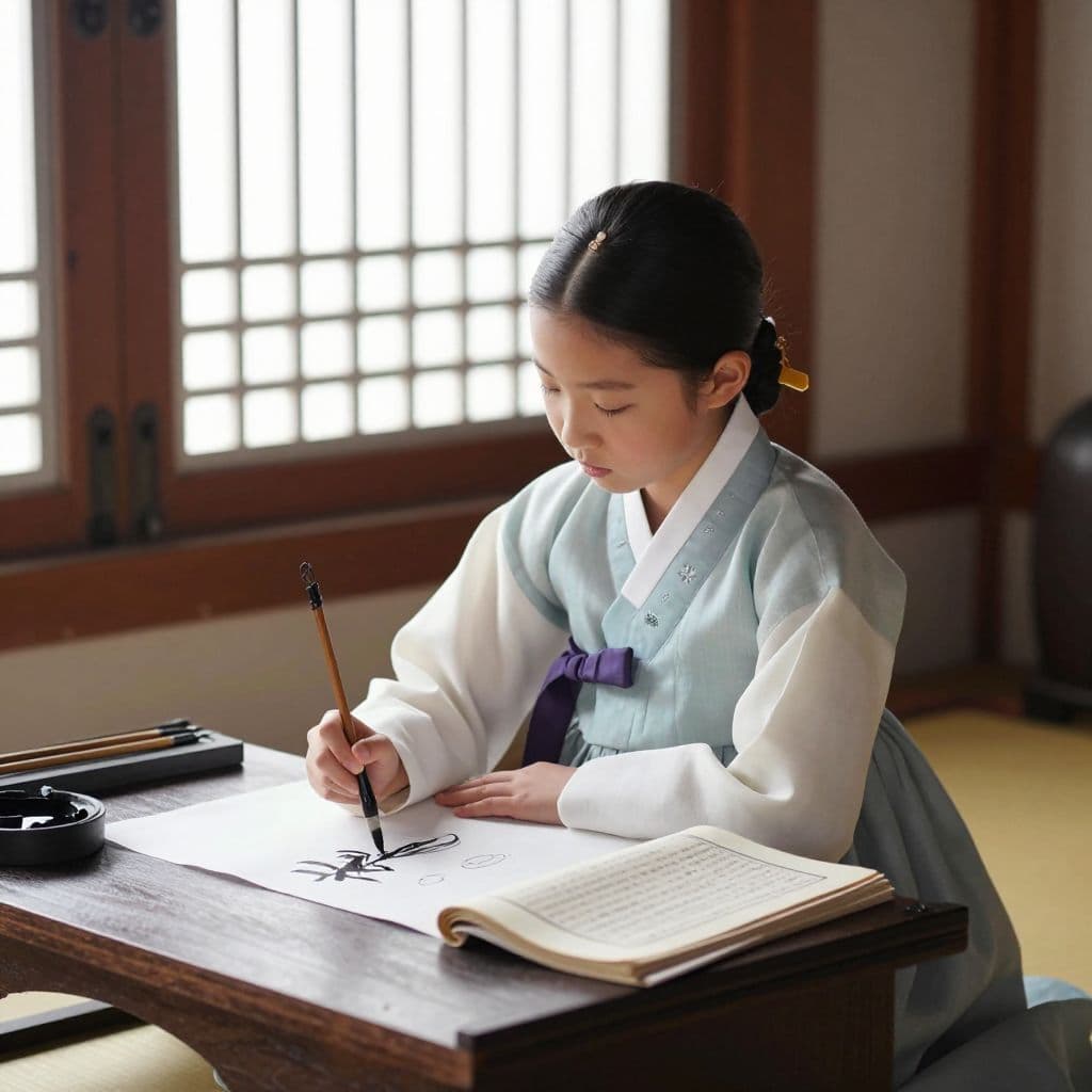 조선 시대 한옥 창가에서 어린 신사임당이 책과 붓을 곁에 두고 글씨와 그림을 연습하는 모습, 차분한 집중 속에서 배움과 절제를 쌓아가는 성장 장면