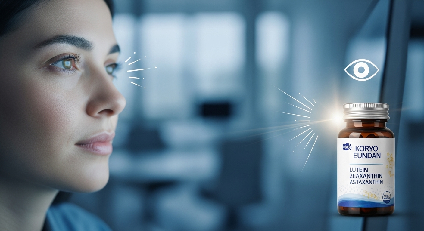 디지털 기기를 보며 눈 피로를 느끼는 사람과 고려은단 루테인 지아잔틴 아스타잔틴 제품 병이 함께 있는 모습