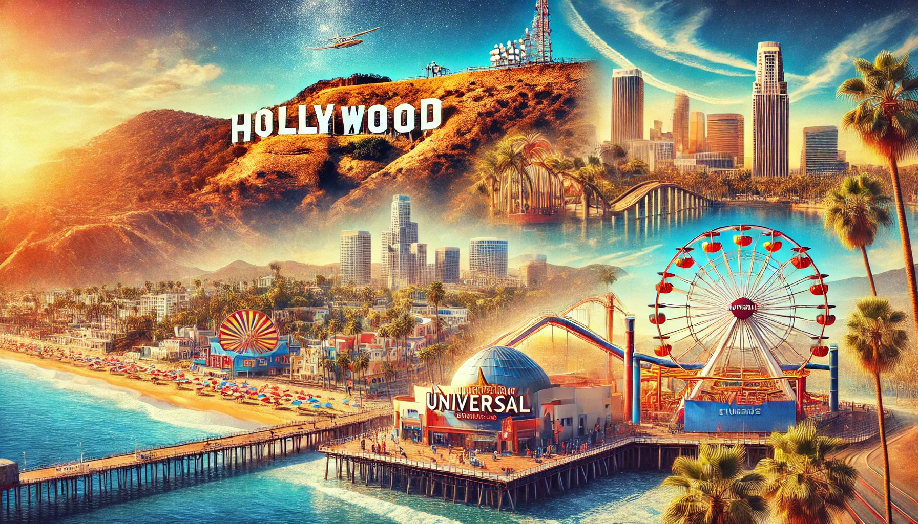 할리우드 사인, 산타모니카 해변, 유니버설 스튜디오 등 LA 대표 관광지 이미지 콜라주