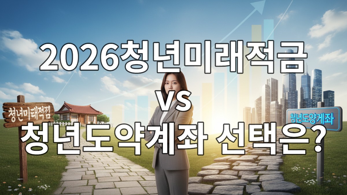 청년미래적금과 청년도약계좌 두 갈래 길에서 미래를 선택하는 젊은 한국 여성의 모습.