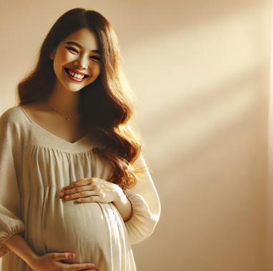 행복하게 웃고 있는 건강한 임산부
