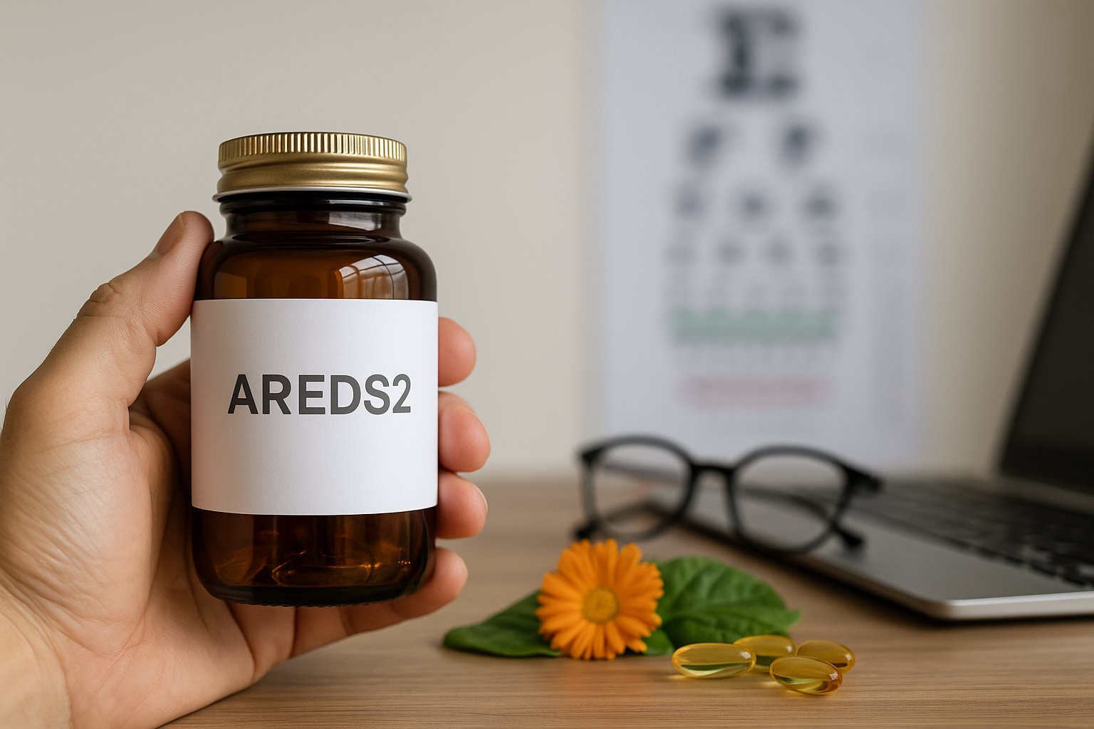 AREDS2 기준 눈 건강 영양제 라벨 읽는 법 – 갈색 보틀과 소프트젤, 안경이 있는 실사 사진