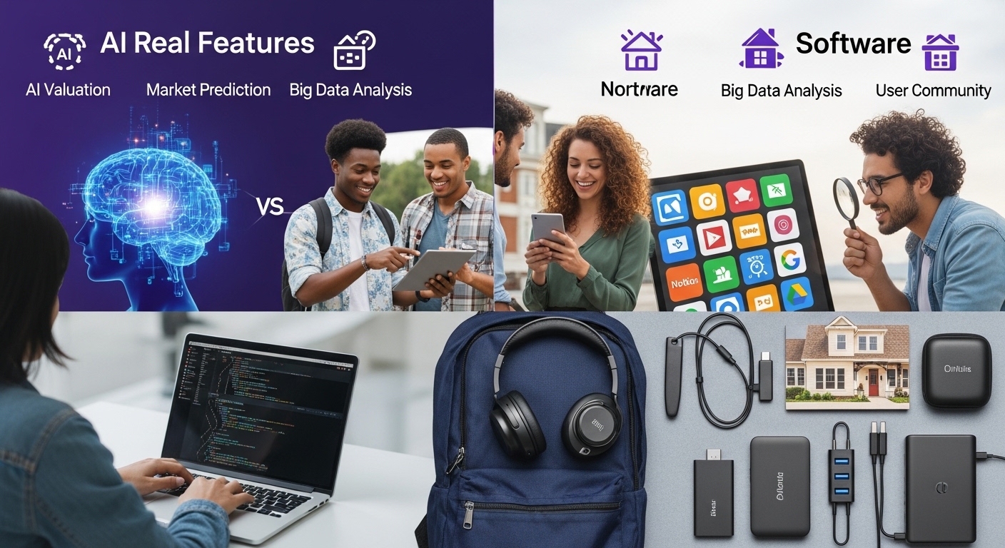 다양한 AI 부동산 앱의 핵심 기능을 비교하는 인포그래픽. AI 가치평가, 시장 예측, 빅데이터 분석, 사용자 커뮤니티 등의 특징이 아이콘으로 표현되어 있다.