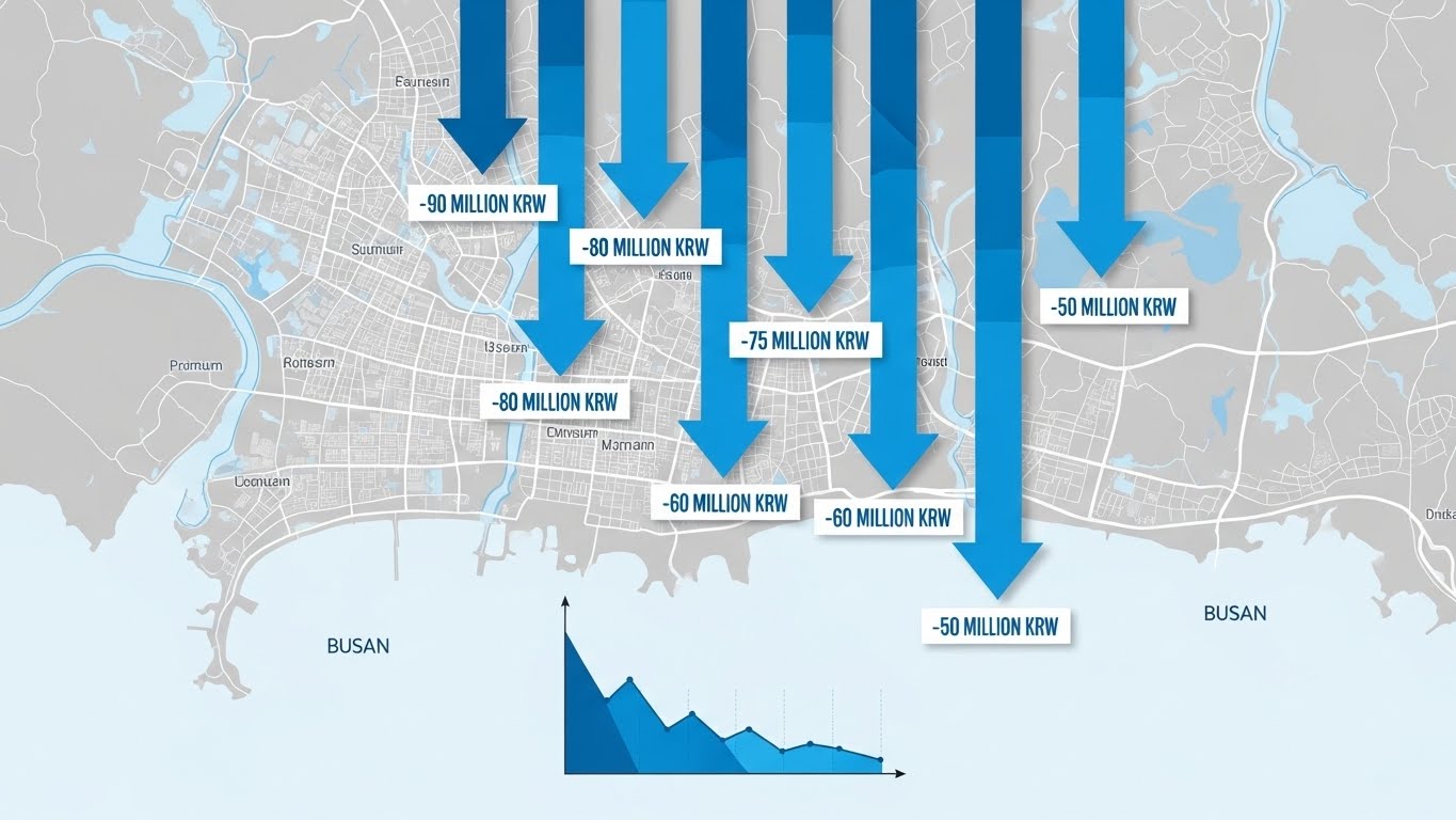 부산 지도 위에 마이너스 프리미엄 금액(-9,000만, -8,000만 등)이 적힌 파란색 화살표들이 비처럼 쏟아지는 인포그래픽