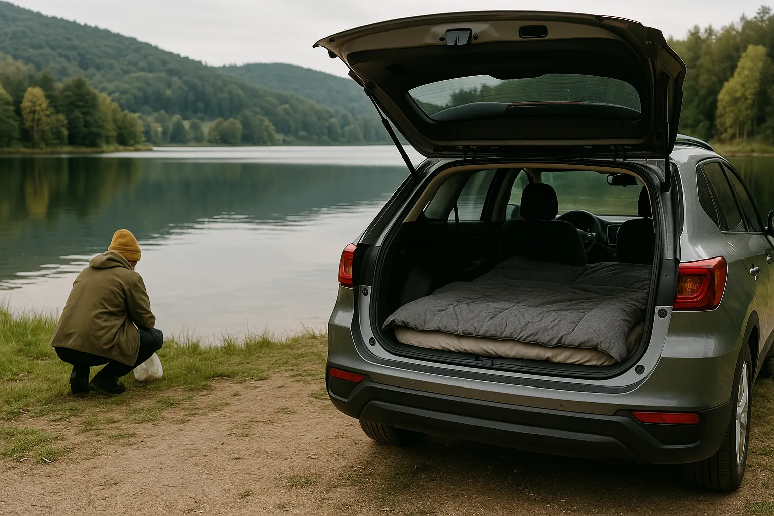 무료 낚시터에서 차량 뒤편에 차박 중인 사람의 모습
