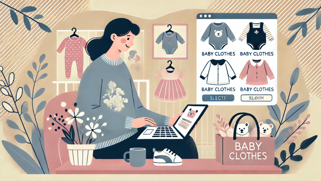 아기 옷을 온라인으로 쇼핑하는 장면의 이미지