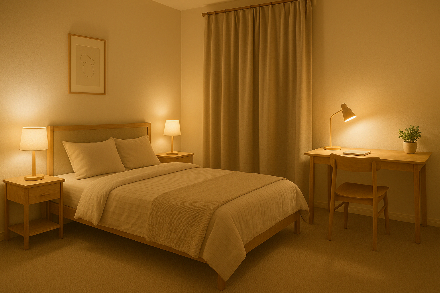 침대와 책상이 벽을 등지고 배치된 아늑한 침실 인테리어