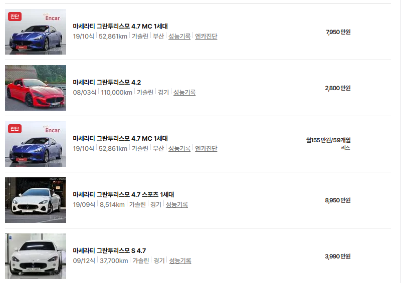 마세라티 그란투리스모 중고차 가격 시세표 연비