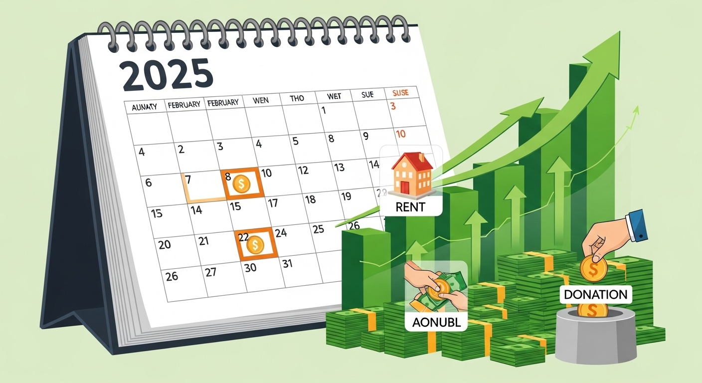 2025년 연말정산의 주요 변경 사항과 확대된 혜택을 시각적으로 보여주는 그래프와 달력 이미지.