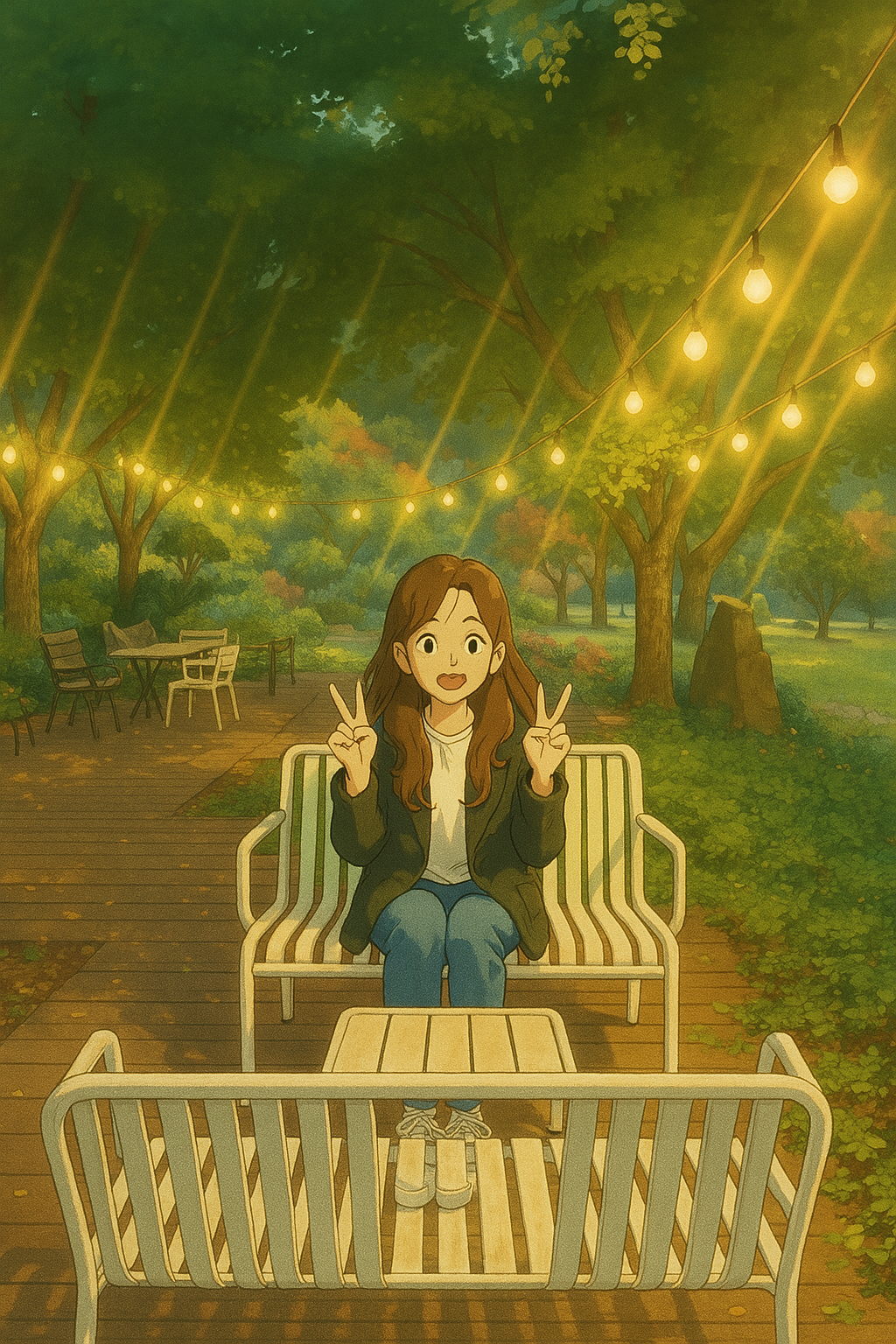 까페 정원에서 브이하고 있는 사진(애니메이션 스타일)