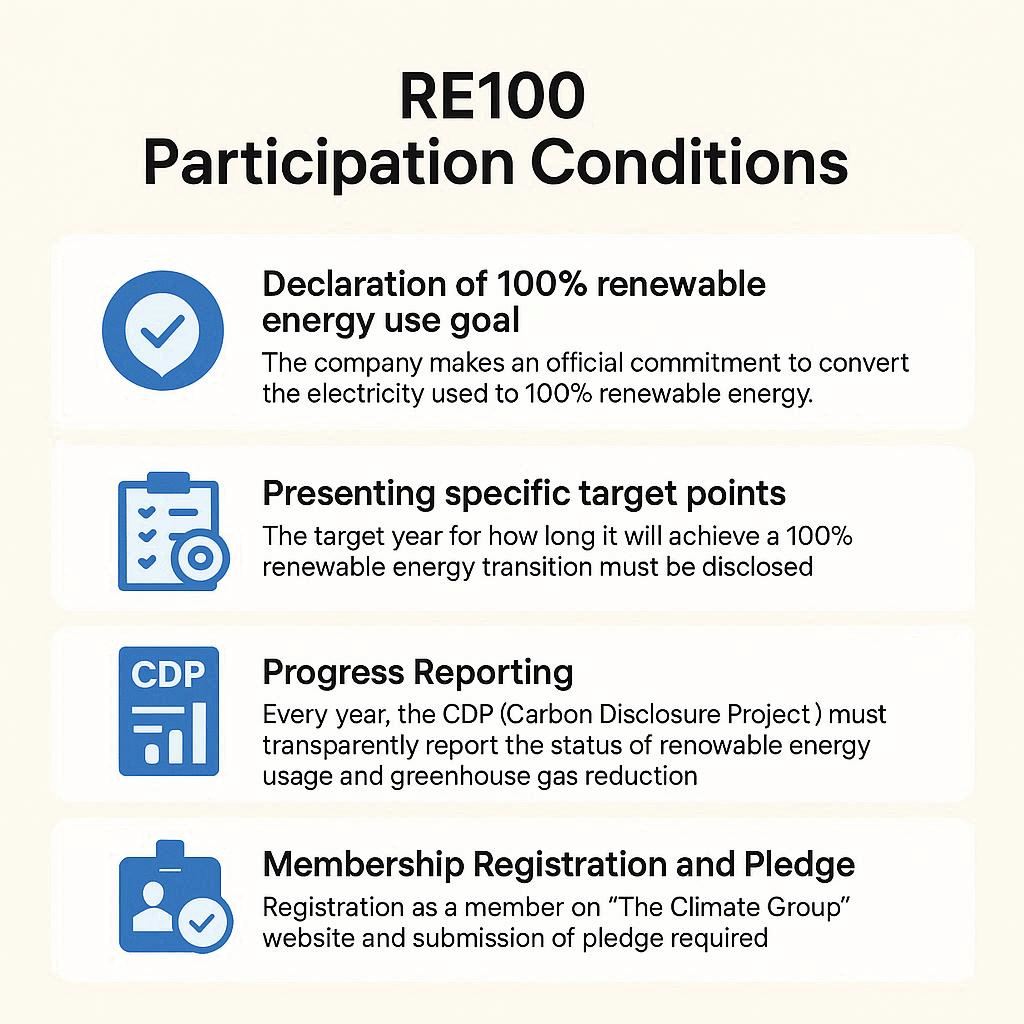RE100 참여 조건
전력 100% 재생에너지 사용 목표 선언
기업은 사용 전력을 100% 재생에너지로 전환하겠다는 공식 약속을 합니다.
구체적 목표 시점 제시
언제까지 100% 재생에너지 전환을 달성할지 목표 연도를 공개해야 합니다.
진행 상황 보고
매년 CDP(탄소정보공개프로젝트)에 재생에너지 사용량과 온실가스 감축 현황을 투명하게 보고해야 합니다.
회원 등록 및 서약
‘The Climate Group’ 웹사이트에서 회원으로 등록하고 서약서 제출 필요