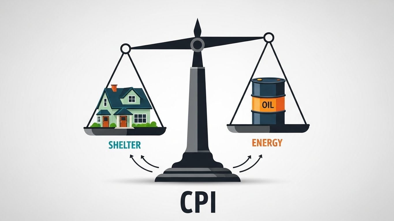 An infographic showing a house (Shelter) and an oil barrel (Energy) on a scale, representing the key factors of CPI.